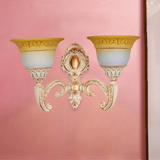 Vintage Curved Arm Metal Wall Lamp: 1/2-Head Sconce With Beige Glass Shade For Living Room