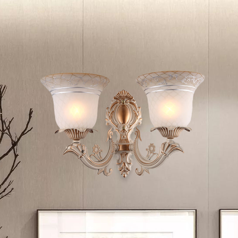 Metal Beige Curvy Arm Wall Sconce With Antique Bell White Glass Shade - 1/2-Light Lighting Fixture
