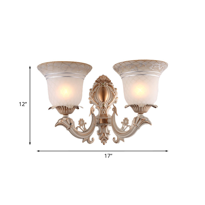 Metal Beige Curvy Arm Wall Sconce With Antique Bell White Glass Shade - 1/2-Light Lighting Fixture