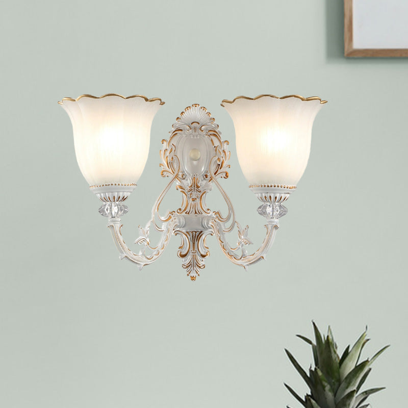 Retro Metal Sconce With 2 Bulbs And White Glass Shade For Bedroom Walls