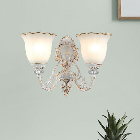 Retro Metal Sconce With 2 Bulbs And White Glass Shade For Bedroom Walls