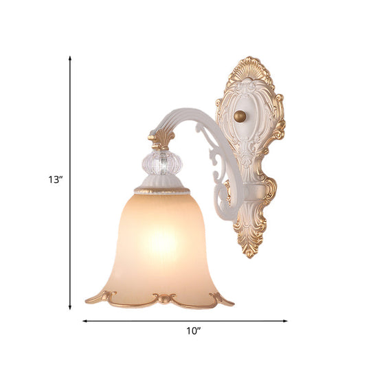 Frosted Glass Wall Light With Beige Swooping Arm For Bedroom - 1 Bulb Sconce