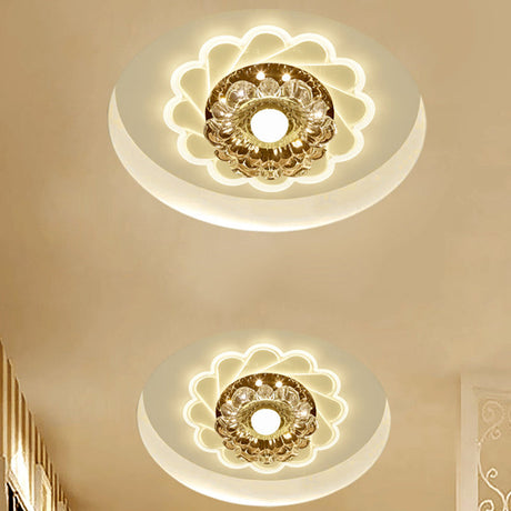 Clear Faceted Crystal Led Flush Mount Ceiling Light Fixture - Bedroom Lighting With Warm/Multi-Color