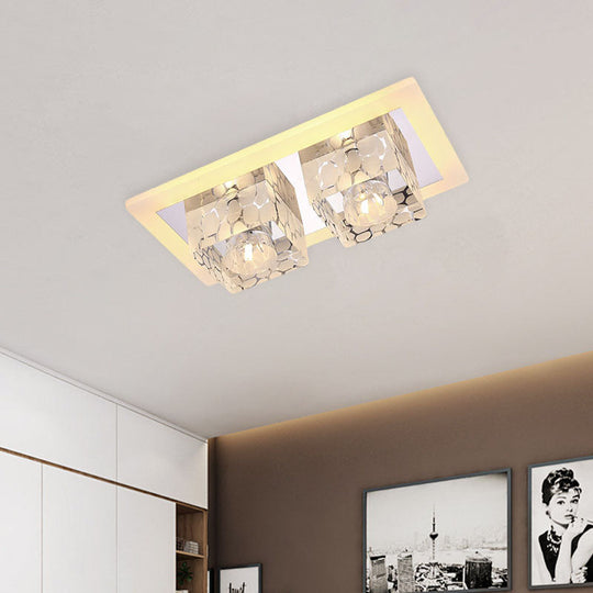 Minimalist Led Double Square Flushmount In Chrome With Crystal Dot Pattern - Warm/White Light For