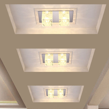 Minimalist Led Double Square Flushmount In Chrome With Crystal Dot Pattern - Warm/White Light For