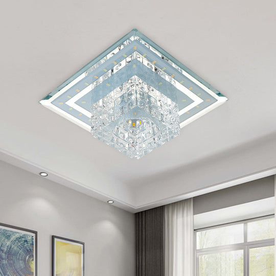 Modern Square Led Ceiling Flush Mount - Clear Faceted Crystal Light Fixture In Warm/White/Multi