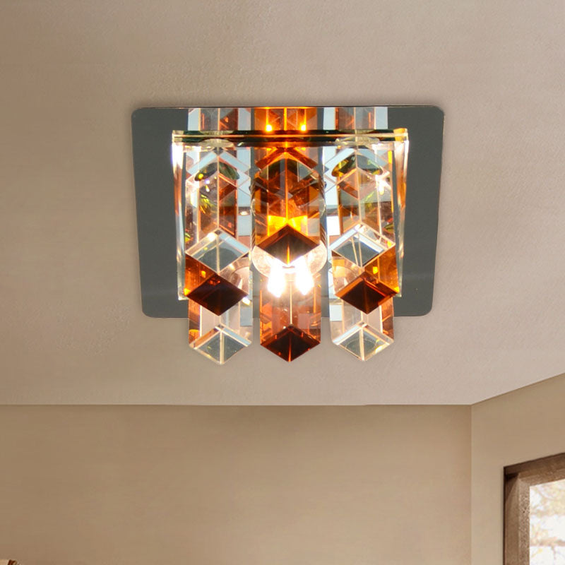 Minimal Square Led Flush Mount Light With Crystal Block - Blue/Clear/Tan Ideal For Hallway Ceiling