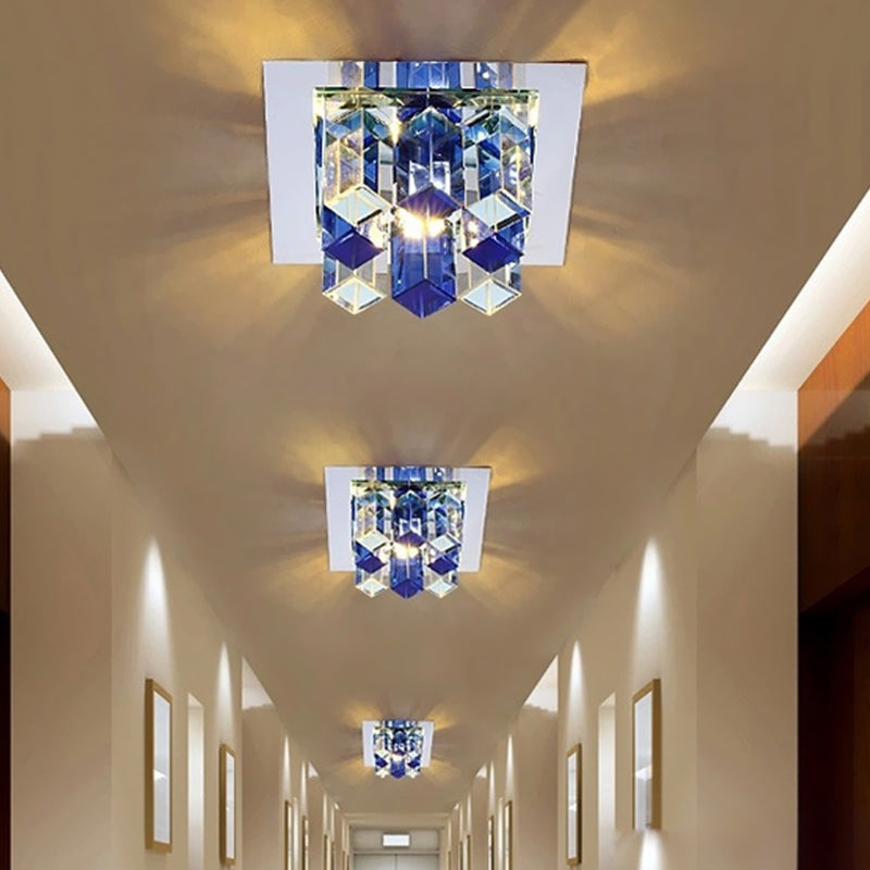 Minimal Square Led Flush Mount Light With Crystal Block - Blue/Clear/Tan Ideal For Hallway Ceiling