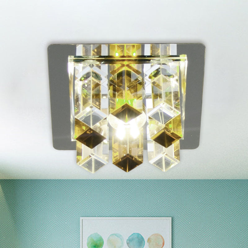 Minimal Square Led Flush Mount Light With Crystal Block - Blue/Clear/Tan Ideal For Hallway Ceiling