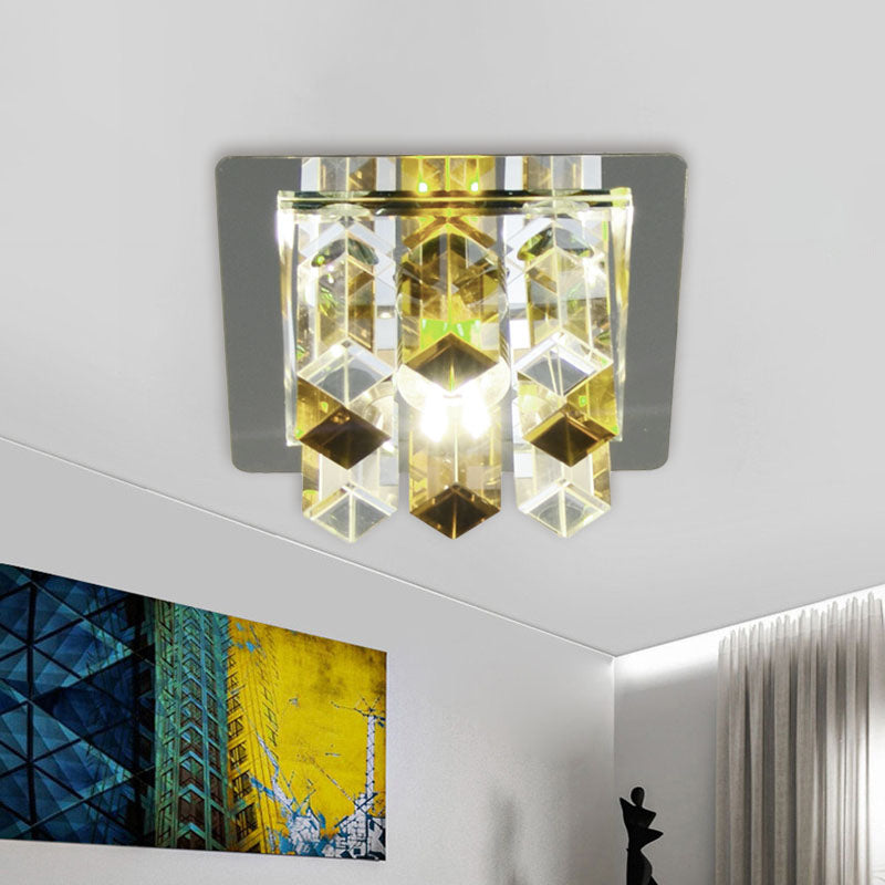 Minimal Square Led Flush Mount Light With Crystal Block - Blue/Clear/Tan Ideal For Hallway Ceiling