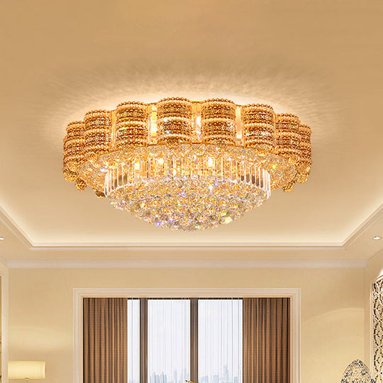 Minimal Gold Flush Mount Ceiling Light With Crystal Ball Accents - 7 Bulbs