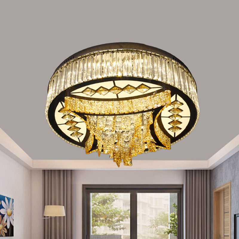 Modern Tan Crystal Drum Flush Mount Light With Led Waveform Frame - Perfect For Living Room Ceiling