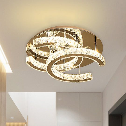 Led Chrome Ceiling Light With Double-C Shaped Beveled K9 Crystal And Flush Mount Design