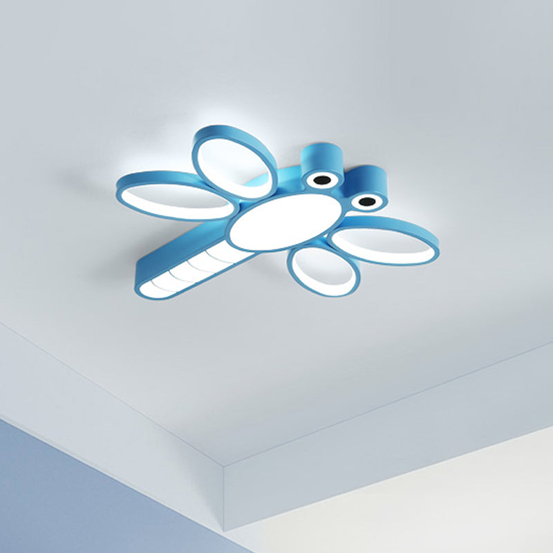 Iron Dragonfly Flush - Mount Cartoon Led Ceiling Light - Pink/Blue With Warm/White Lighting