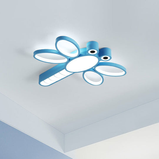Iron Dragonfly Flush-Mount Cartoon Led Ceiling Light - Pink/Blue With Warm/White Lighting
