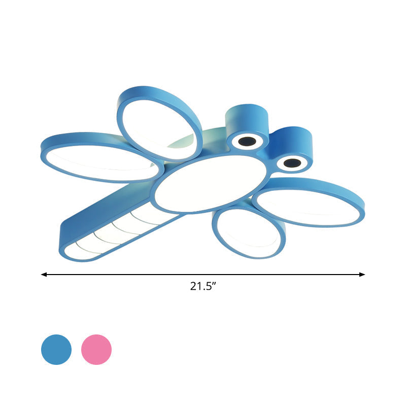 Iron Dragonfly Flush - Mount Cartoon Led Ceiling Light - Pink/Blue With Warm/White Lighting
