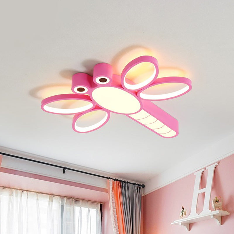 Iron Dragonfly Flush - Mount Cartoon Led Ceiling Light - Pink/Blue With Warm/White Lighting