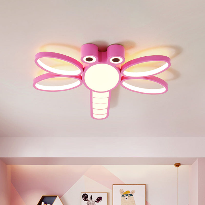 Iron Dragonfly Flush - Mount Cartoon Led Ceiling Light - Pink/Blue With Warm/White Lighting