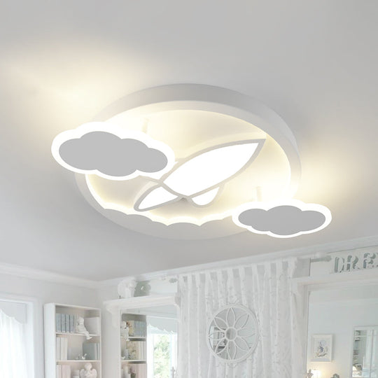 Kid’s Led Flush Mount Ceiling Light - Creative White Plane Behind Cloud Design With Acrylic Shade