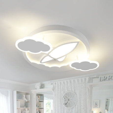 Kids Led Flush Mount Ceiling Light - Creative White Plane Behind Cloud Design With Acrylic Shade