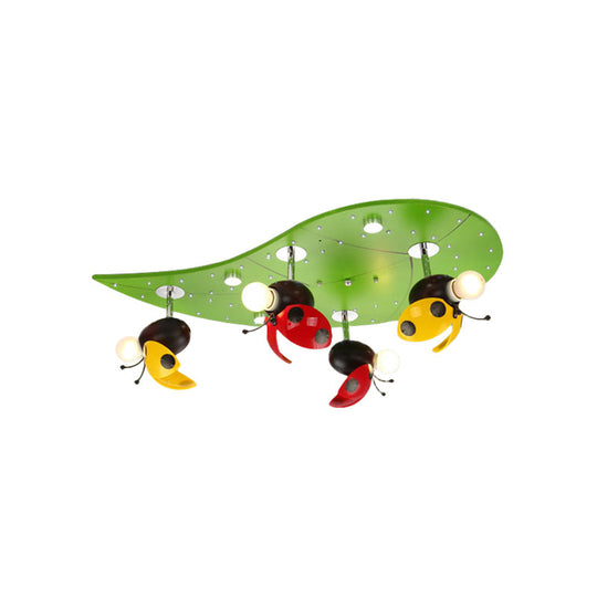 Green Ladybug Rest On Leaf Ceiling Light - Kid Iron 4 - Bulb Bedroom Semi Flush Mount