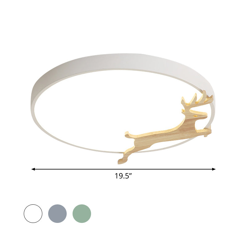 Nordic Style Round Flush Light With Running Deer Pattern - Acrylic Grey/White/Green & Wood Led