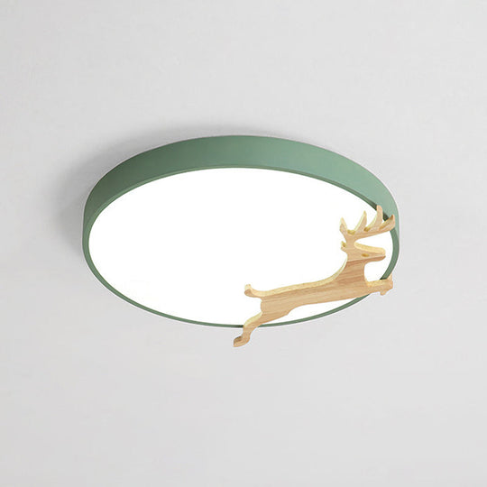 Nordic Style Round Flush Light With Running Deer Pattern - Acrylic Grey/White/Green & Wood Led