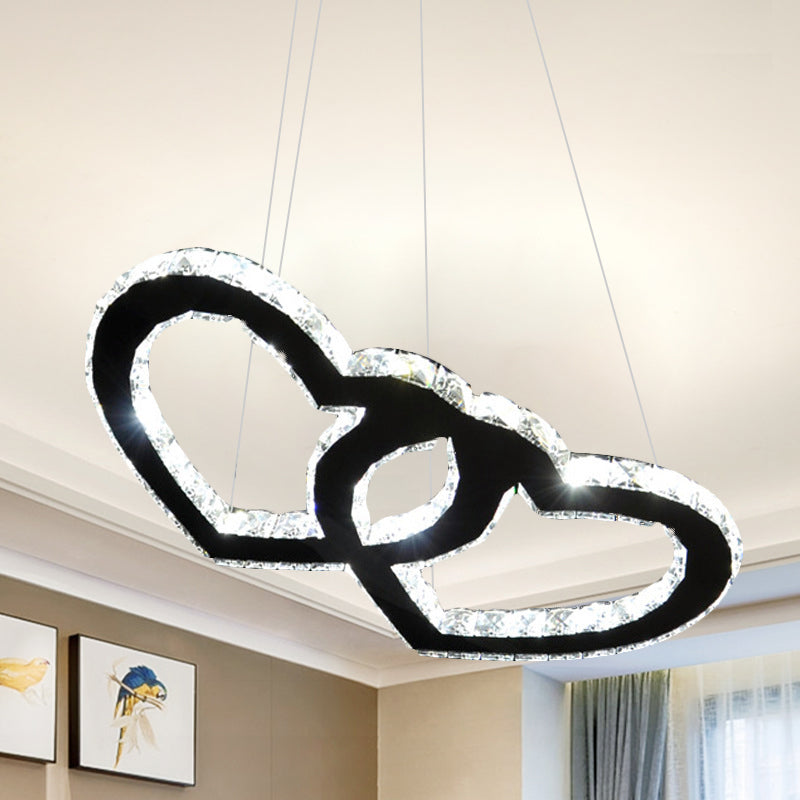Modern Double Loving Heart Led Pendant Chandelier With Clear Crystal Black Shade And Warm/White