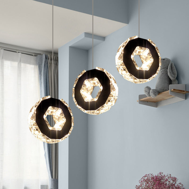 Minimal Chrome Led Pendant With Beveled Crystal Ring Design Warm/White/Neutral Light / White