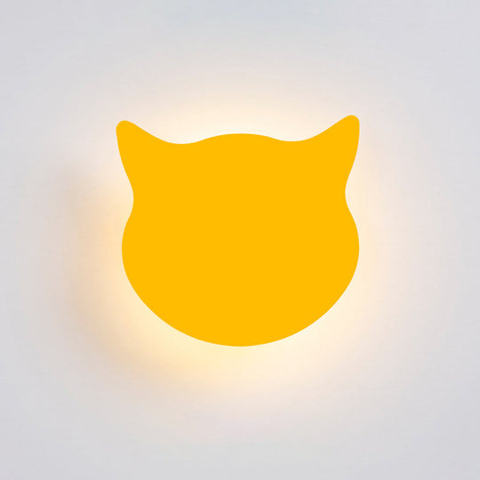Wooden Cat Head Mini Wall Light: Cartoon Led Sconce In Pink/Blue/Yellow For Kinder Ready Room