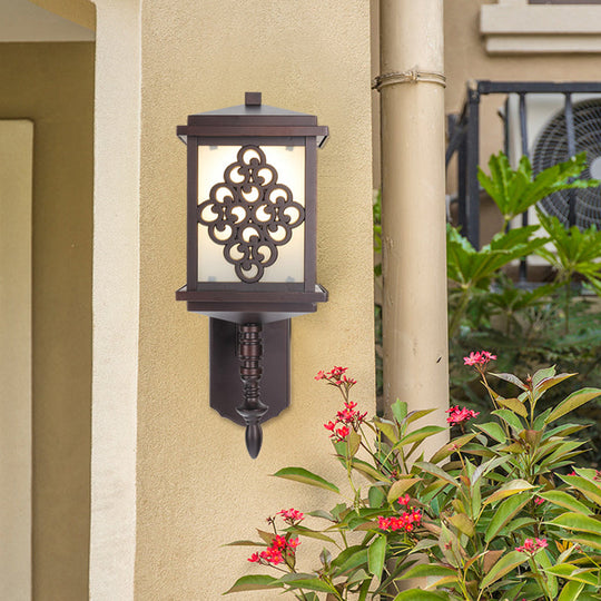 Coffee Cubic Cream Glass Wall Mount Light With Chinese Knot Pattern - 1 Patio Sconce For Cottage