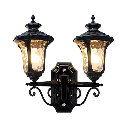 Traditional Urn-Shade Clear Dimple Glass Sconce Lamp - 2 Bulbs Wall Mount Light In Black