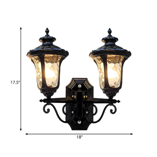 Traditional Urn-Shade Clear Dimple Glass Sconce Lamp - 2 Bulbs Wall Mount Light In Black