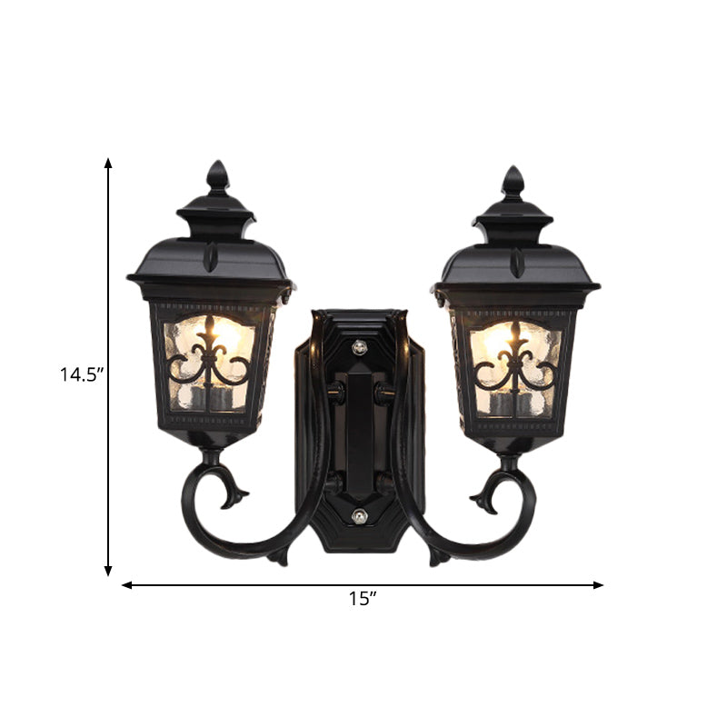 Vintage Black Lantern Wall Mount Lighting With Clear Glass - Curved Arm Design 2 Bulbs