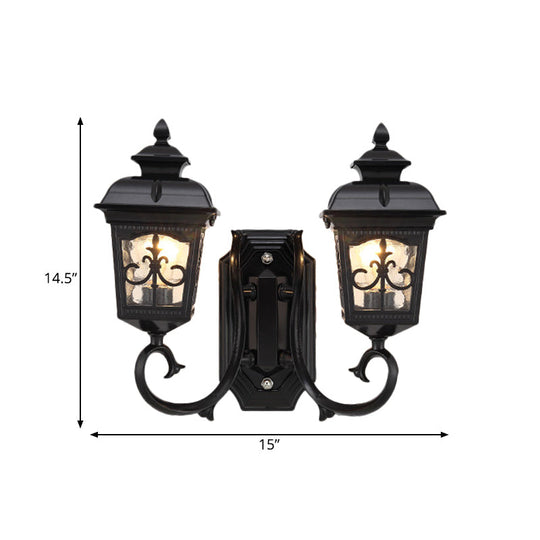 Vintage Black Lantern Wall Mount Lighting With Clear Glass - Curved Arm Design 2 Bulbs