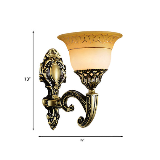 Classic Brass Wall Sconce Light Fixture With Frosted Glass - Flared Design Bedroom Lamp