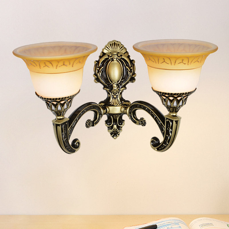 Classic Brass Wall Sconce Light Fixture With Frosted Glass - Flared Design Bedroom Lamp
