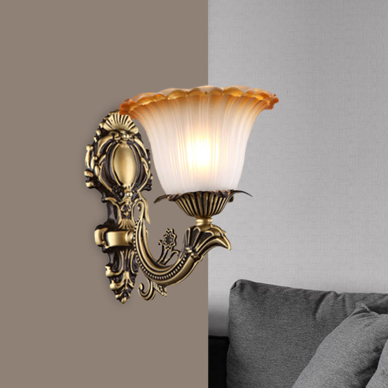 Vintage Floral Wall Sconce With Frosted Glass And Carved Brass Arm