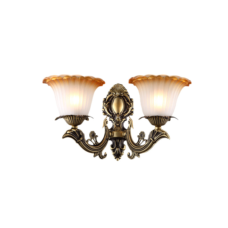 Vintage Floral Wall Sconce With Frosted Glass And Carved Brass Arm