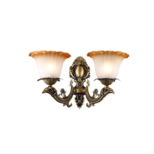Vintage Floral Wall Sconce With Frosted Glass And Carved Brass Arm