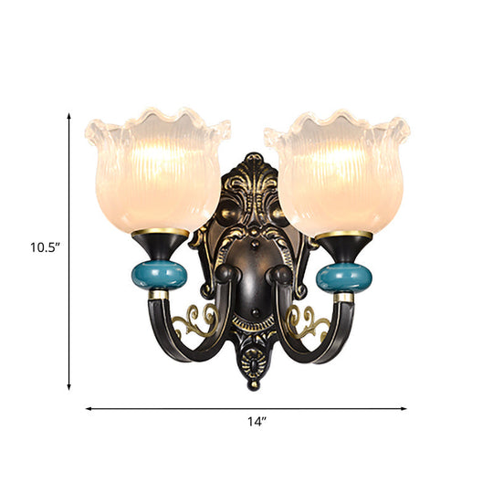 Vintage Floral Wall Sconce With Frosted Glass Shade - Bronze Metal Curvy Arm Bedroom Décor