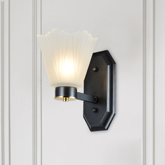 Retro Tapered Milk Glass Wall Light With Metal Straight Arm - Black Finish Perfect For Living Room