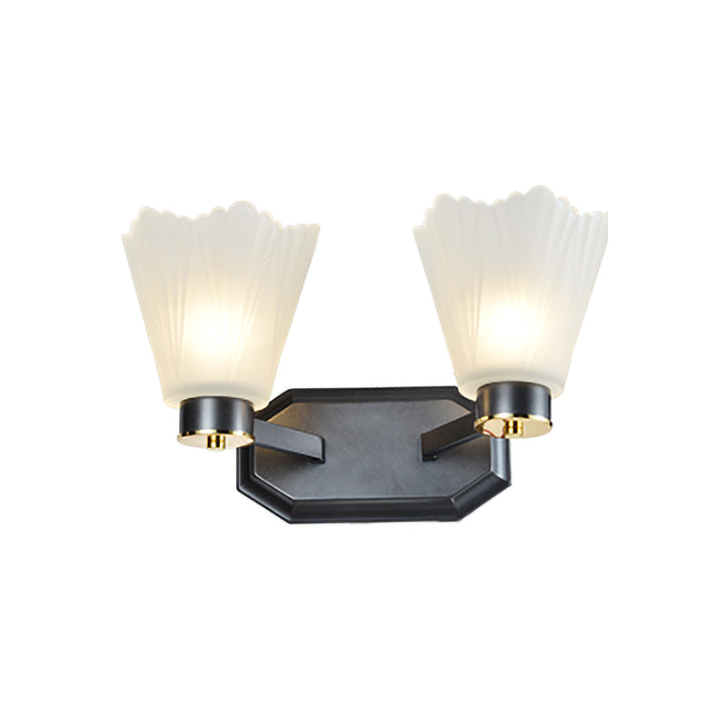 Retro Tapered Milk Glass Wall Light With Metal Straight Arm - Black Finish Perfect For Living Room