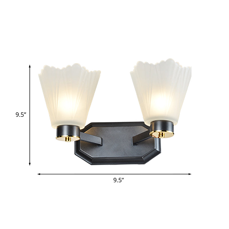 Retro Tapered Milk Glass Wall Light With Metal Straight Arm - Black Finish Perfect For Living Room