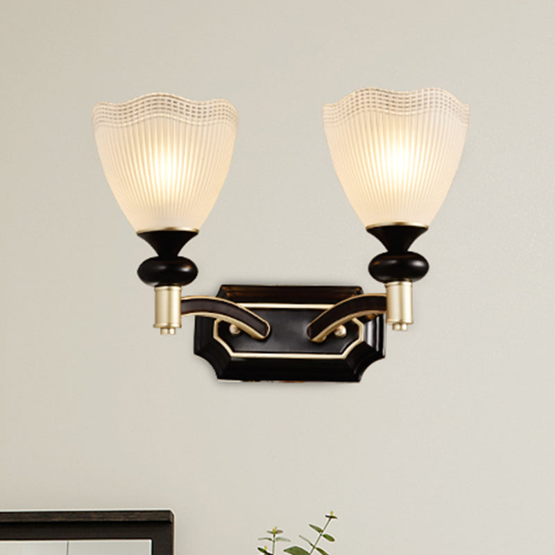 Traditional Flower Wall Light With Prismatic White Glass Sconce Lamp In Black 2 /