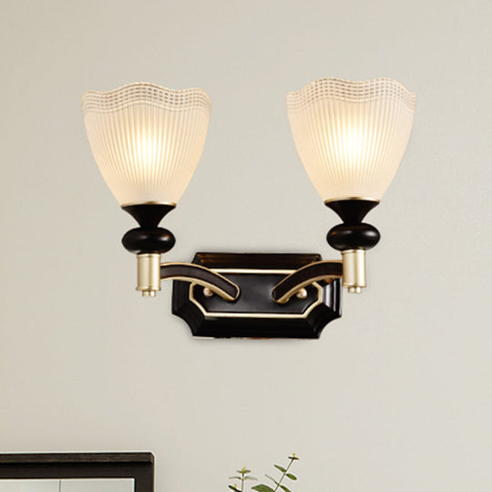 Traditional Flower Wall Light With Prismatic White Glass Sconce Lamp In Black 2 /