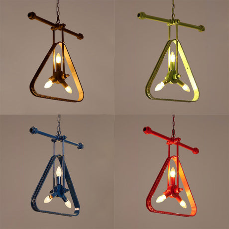 Vintage Style Triangle Chandelier With Metallic Finish And Wire Frame - 3 Lights Black/Red