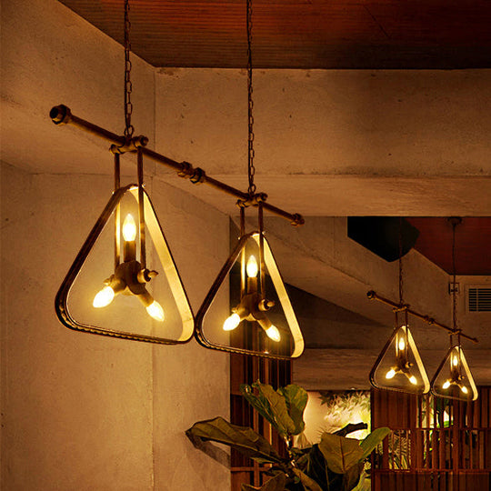 Vintage Style Wire Frame Chandelier Lamp - Black/Red Metallic 3 Heads Triangle Hanging Ceiling