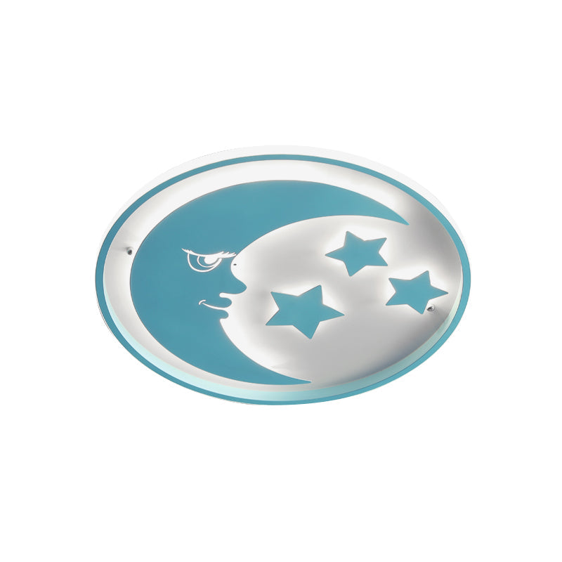 Cartoon Moon And Star Led Flush Lighting For Bedrooms In White/Pink/Blue