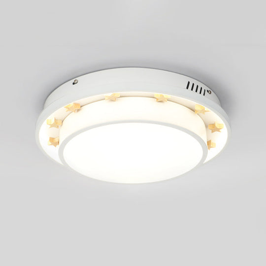 White Led Flush Mount Lamp With Modern Metallic Finish & Wooden Star Deco